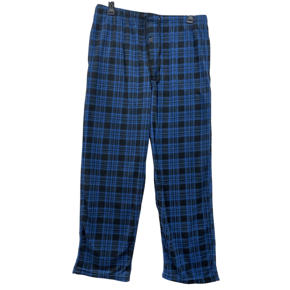 Fruit of‎ the Loom Pajama Pants Mens Medium Navy Black Plaid Fleece Lounge Wear